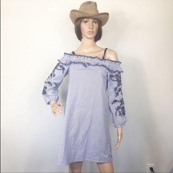 Market Spruce Blue Striped Off Shoulder Mini Dress Embroidered Sleeves Small - Picture 2 of 7
